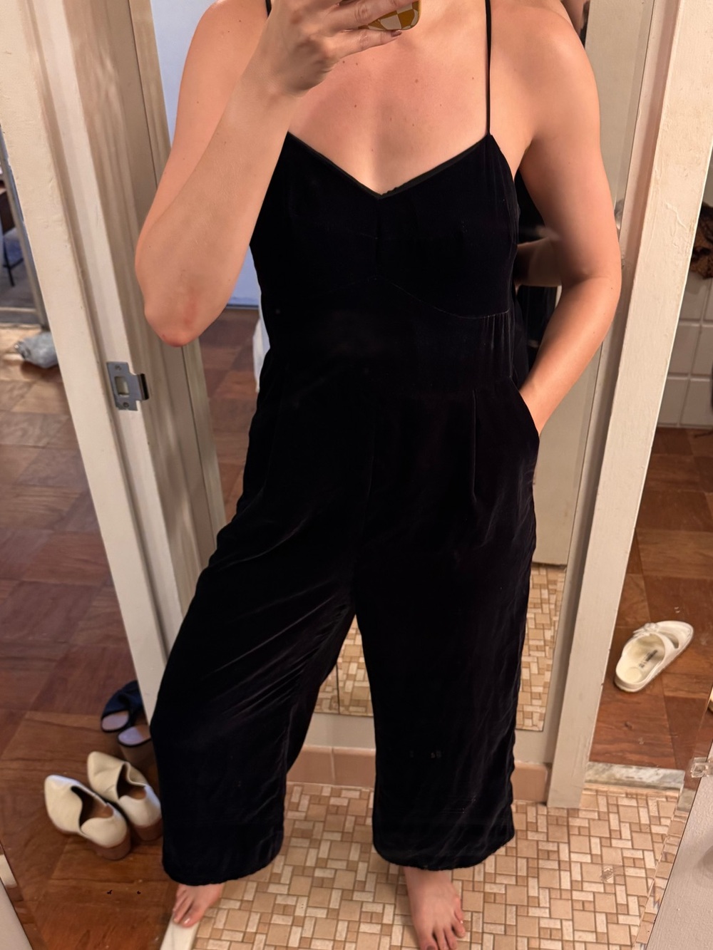 J. Crew Black Velvet Spaghetti-Strap Jumpsuit with Wide Legs